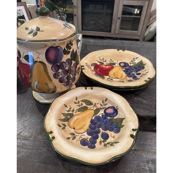 Home Trends Fruit Harvest 5 Pc Set Plates & Cookie Jar Hand Painted Stoneware - Picture 1 of 16
